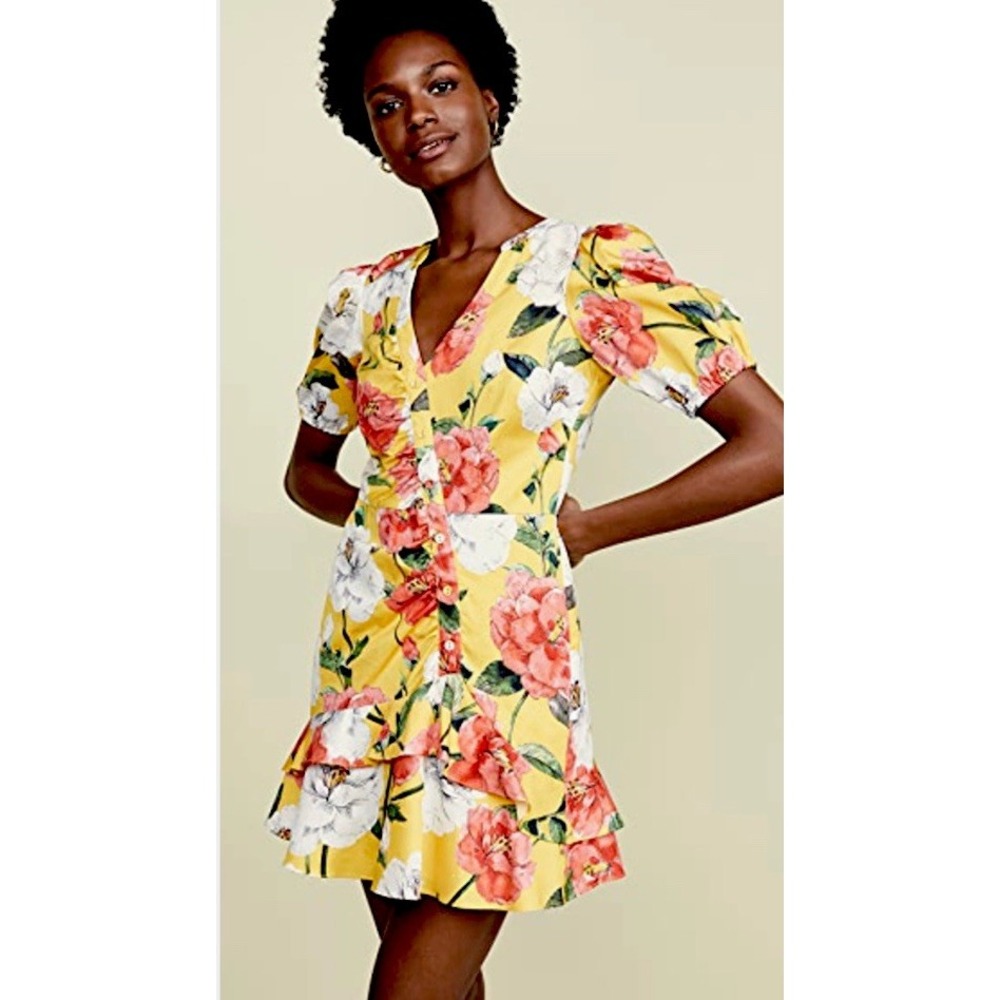 $278 Revolve Parker Minna Lemon Wildflower Mini Ruffle Puff  floral Dress S 4 6